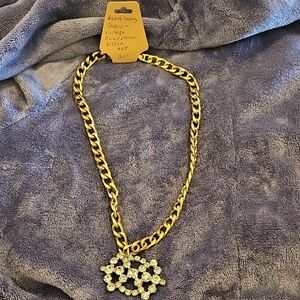 Gold  Steampunk Necklace with Vintage Rhinestone Brooch Charm